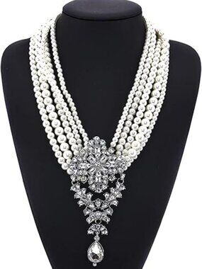 Long‎ Layered Pearl Necklace Bold Statement Piece Antique Look Wedding